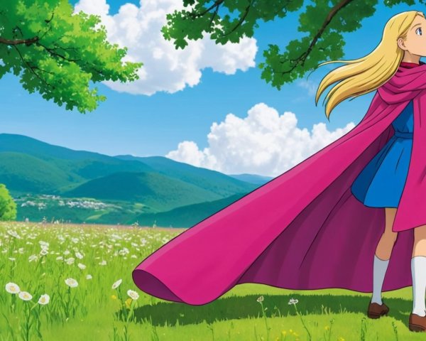 Young girl in blue dress in green field with mountains