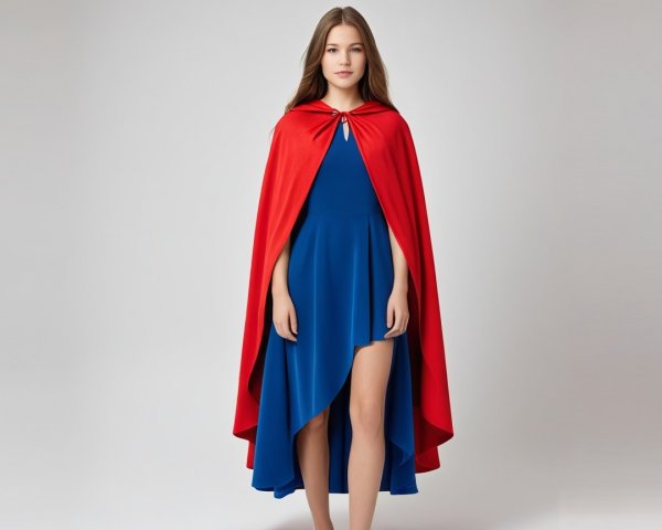 Young woman in blue dress and red cape on neutral background