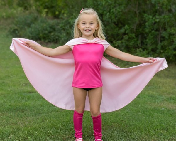 Young girl in pink superhero costume with cape