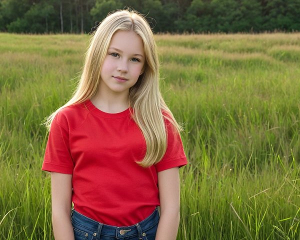 Young girl in red shirt and blue jeans in grass field