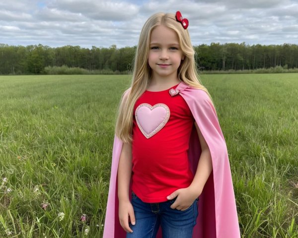 Young girl in red shirt and pink cape in green field