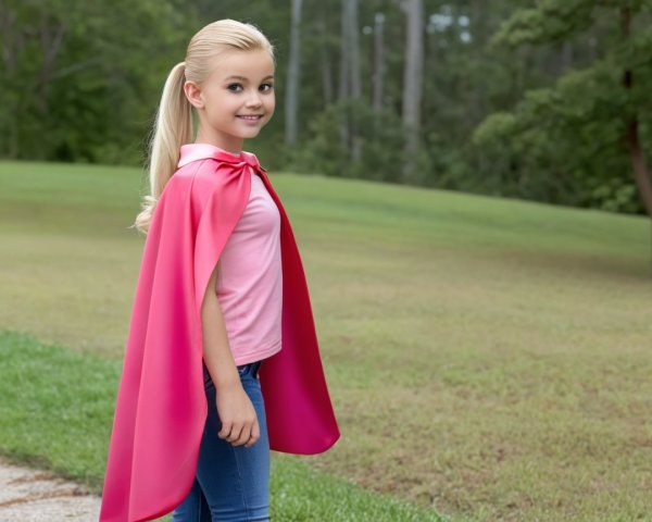 Young girl in pink cape on grassy field with trees