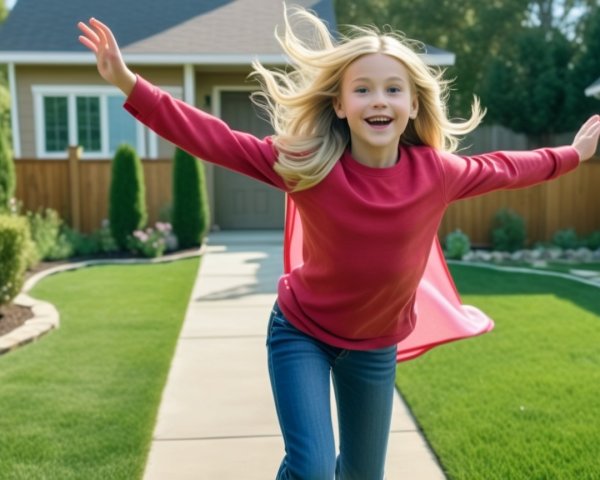 Young girl in red cape running in cheerful suburb