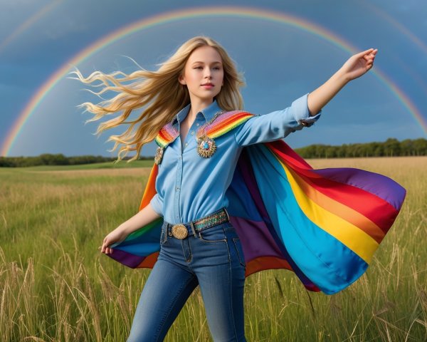 Young girl in denim with rainbow cape in a field