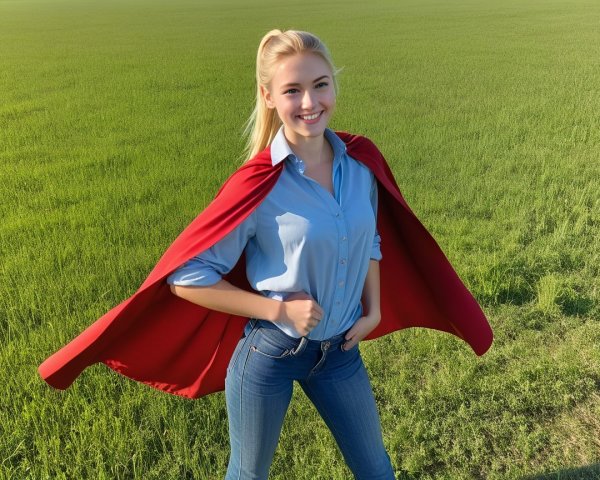 Young woman in blue shirt and red cape in field