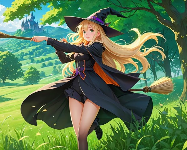 Cheerful young witch twirling in a sunny landscape
