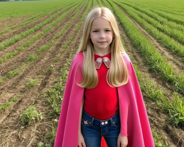 Young girl in vibrant attire in a green field