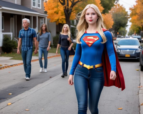 Superhero in Blue Bodysuit Walks Suburban Street