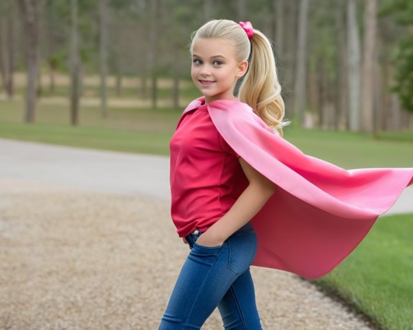 Young girl in pink cape against green landscape