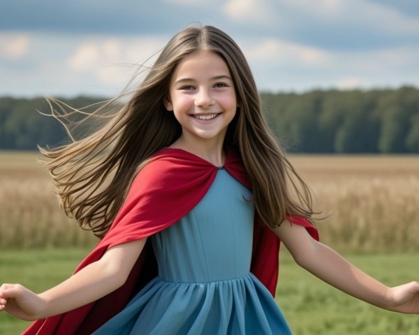 Young girl in blue dress twirls in green meadow