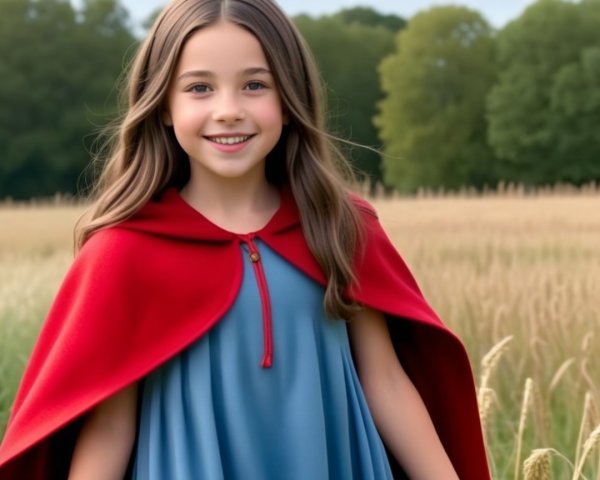 Young girl in golden field with red cape and blue dress