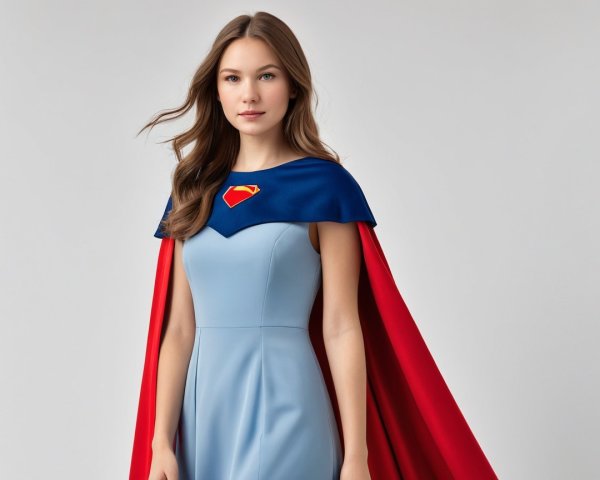 Young woman in stylish blue dress with vibrant cape