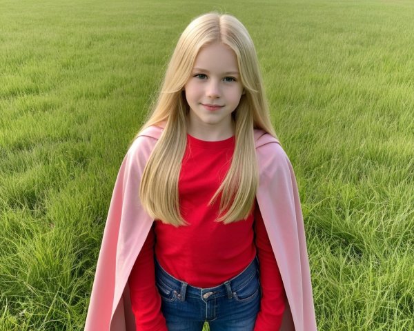 Young girl in red shirt and pink cape in green field