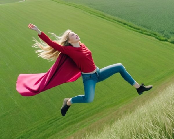 Woman in Red Top Leaping in Green Fields