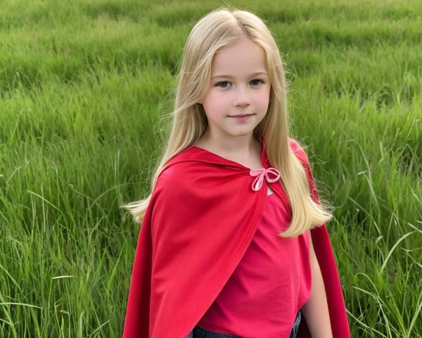 Blonde girl in red cape among tall green grass