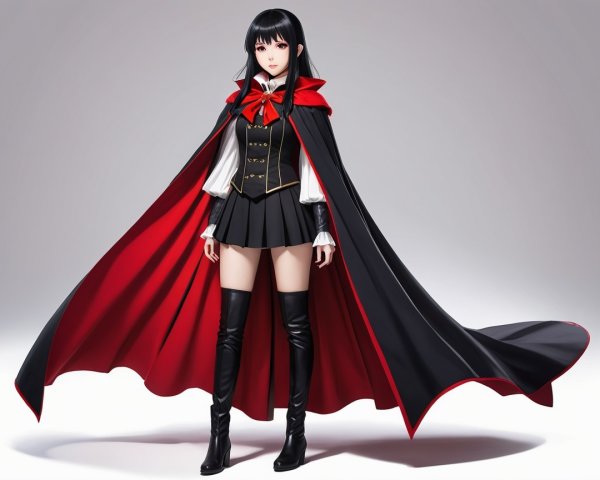 Stylish Character in Black and Red Ensemble with Cape