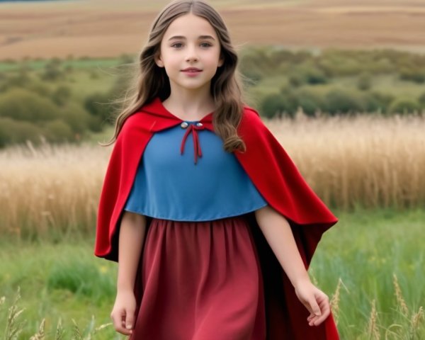 Young girl in colorful outfit in a green field