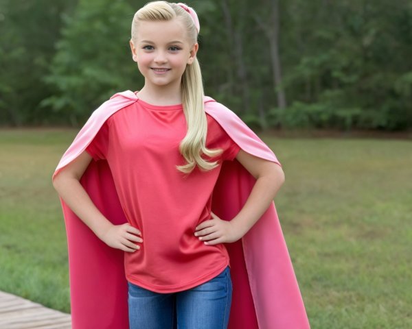 Cheerful girl in pink cape poses outdoors in nature