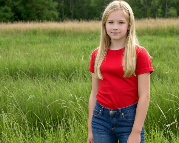 Young girl in red shirt and blue jeans in grass field