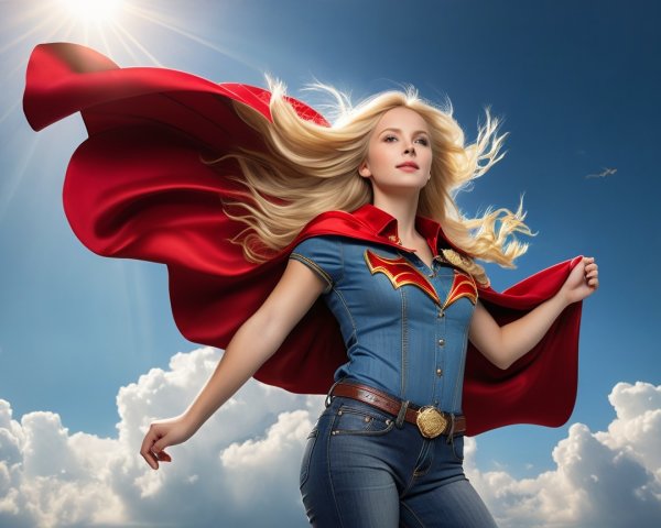 Young Woman in Denim and Red Cape Against Sky