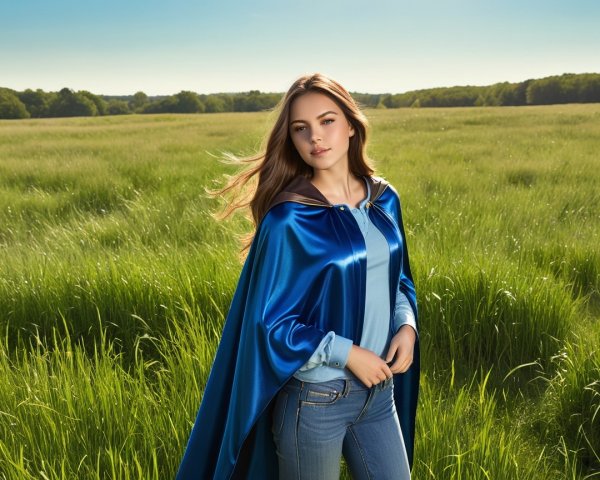 Young Woman in Blue Cape in Lush Green Field