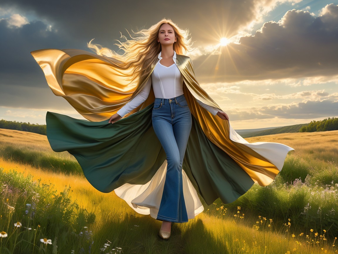 Woman in Vibrant Cloak Strolling Through Sunlit Field