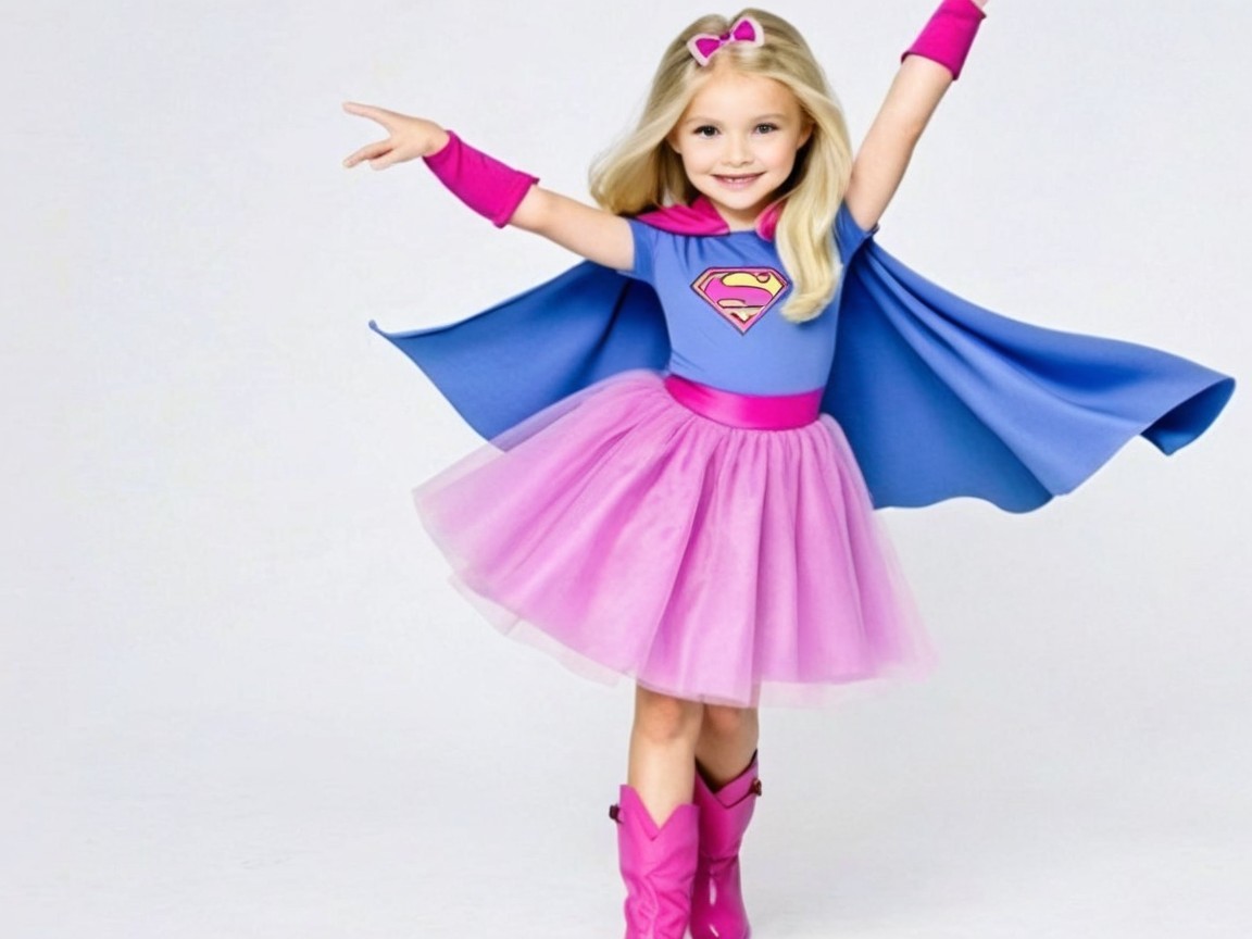Young girl in vibrant superhero costume with accessories
