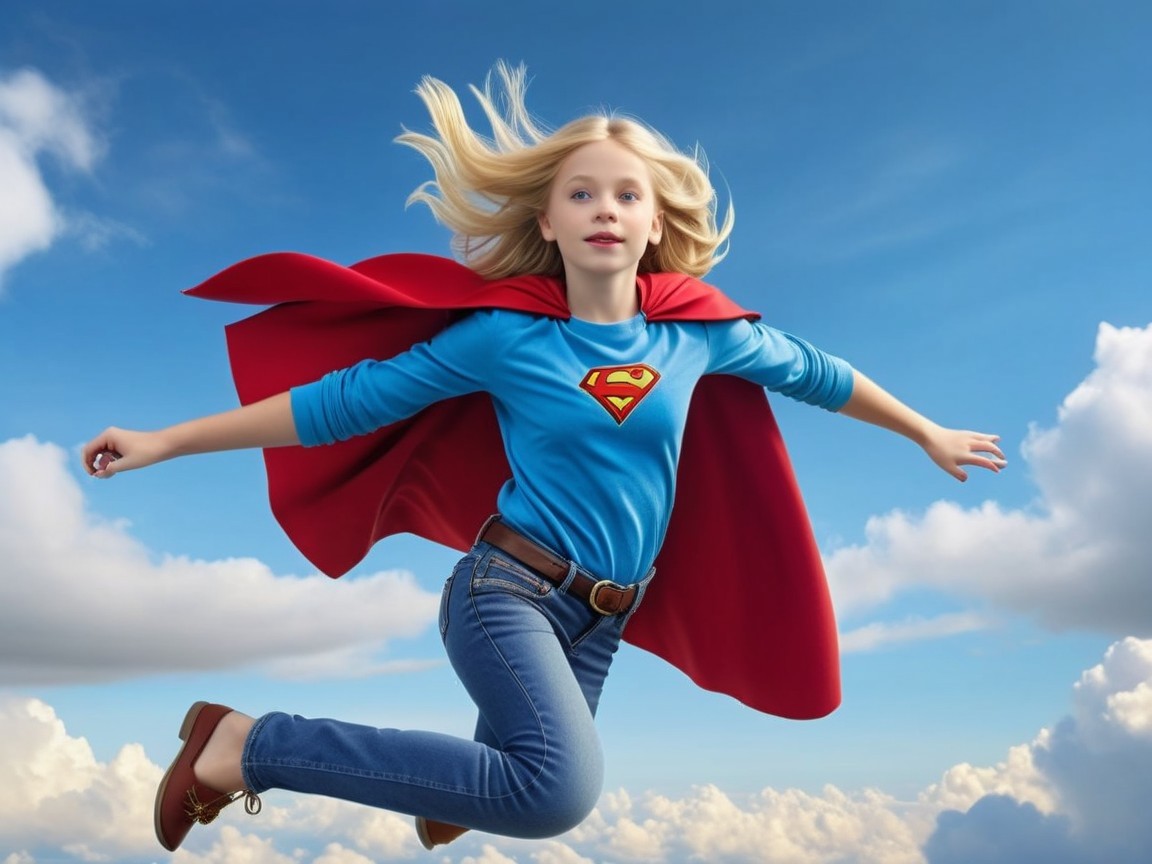 Young girl in superhero costume leaping in blue sky