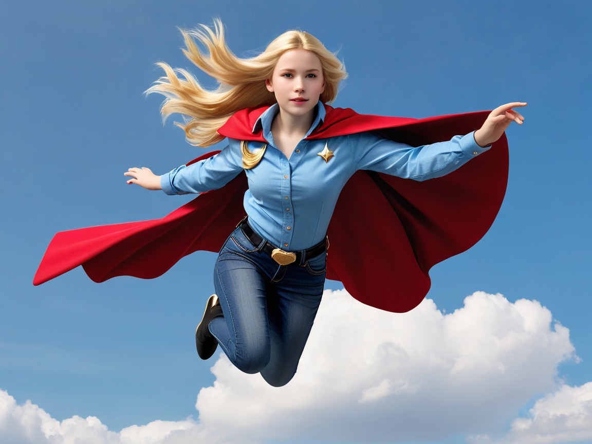 Young superhero flying in blue sky with red cape