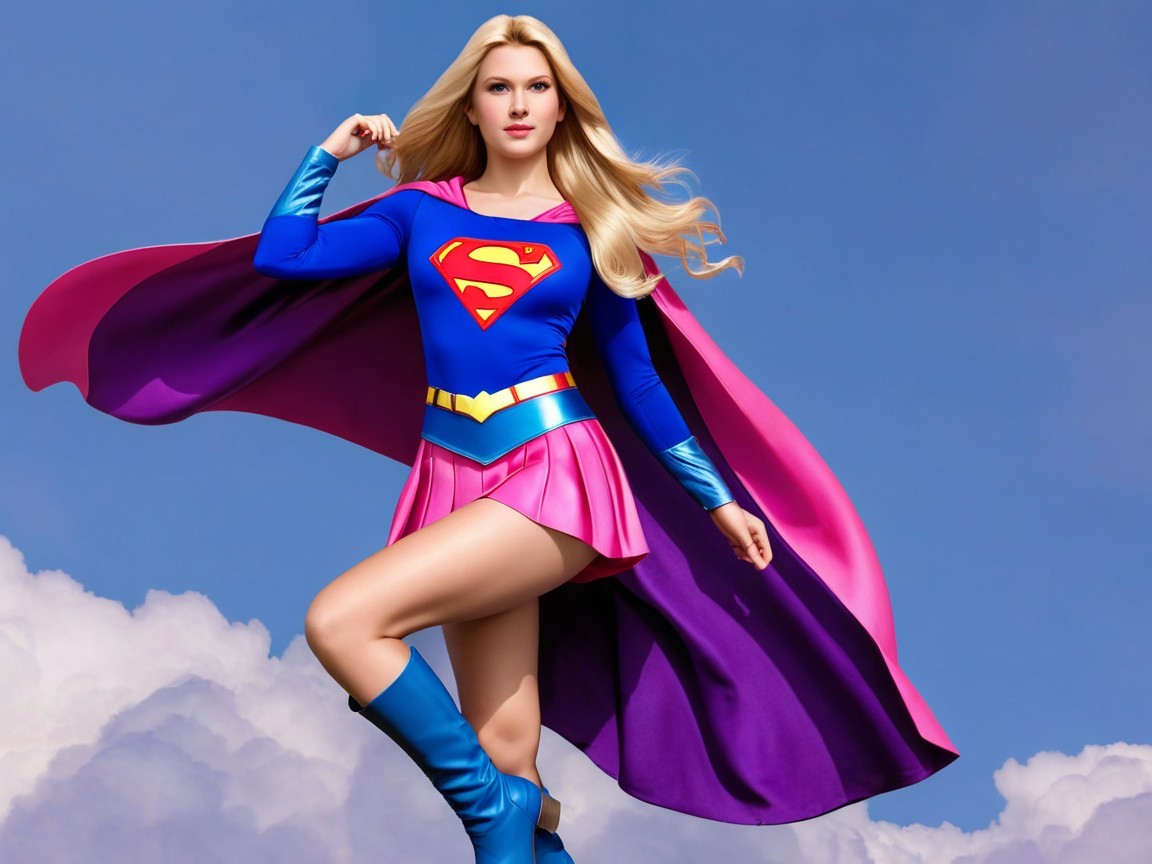 Female superhero in vibrant blue and pink costume