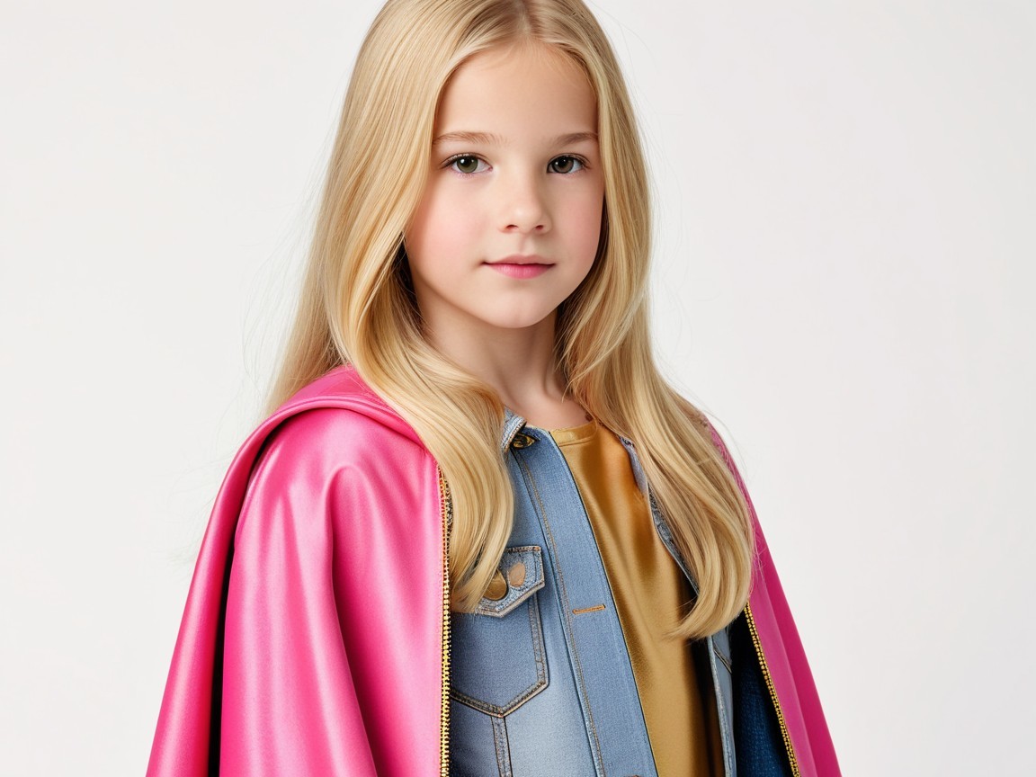 Young girl in denim jacket and pink cape outfit