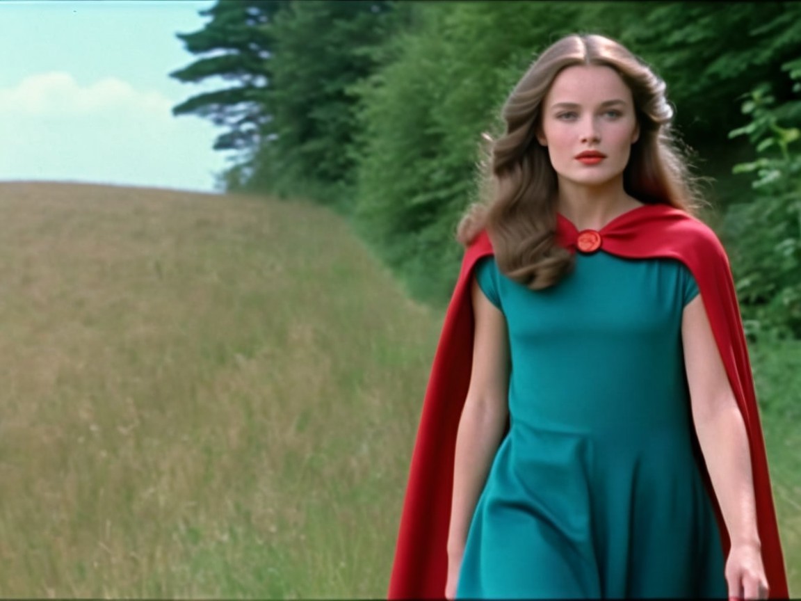 Woman in Teal Dress and Red Cape in Green Landscape