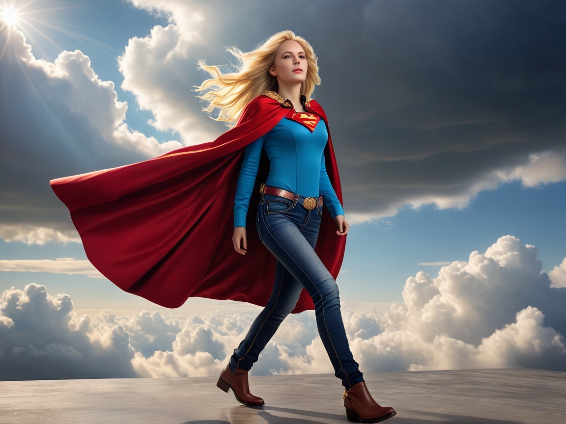 Confident Young Woman in Blue Superhero Costume