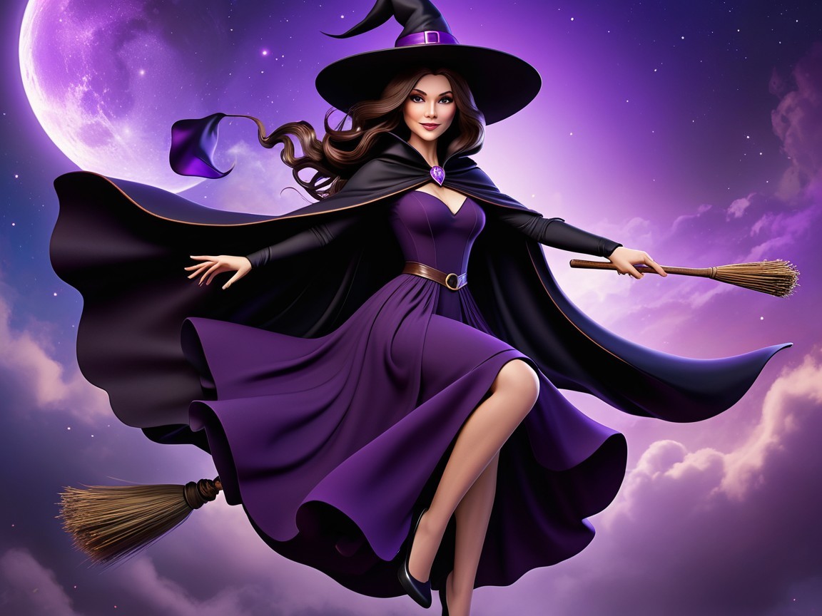 Witch Flying on Broomstick in Mystical Night Sky