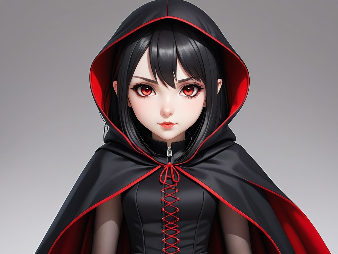 Young girl in dark hooded cloak with red lining