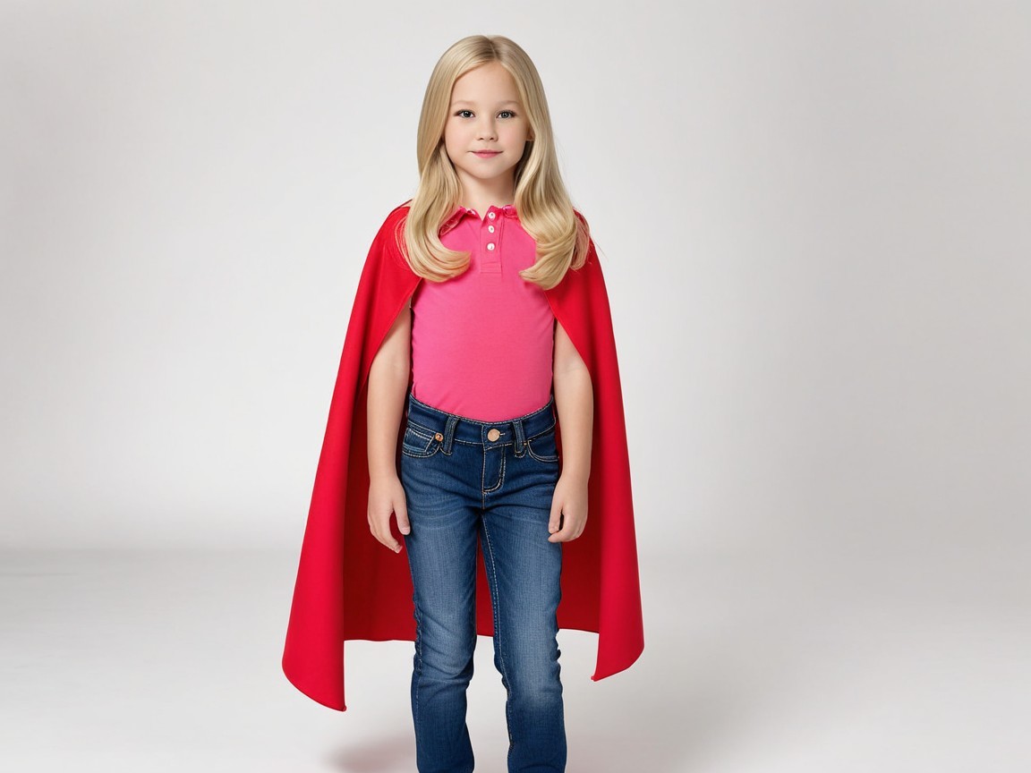 Young girl in pink polo and red cape with jeans