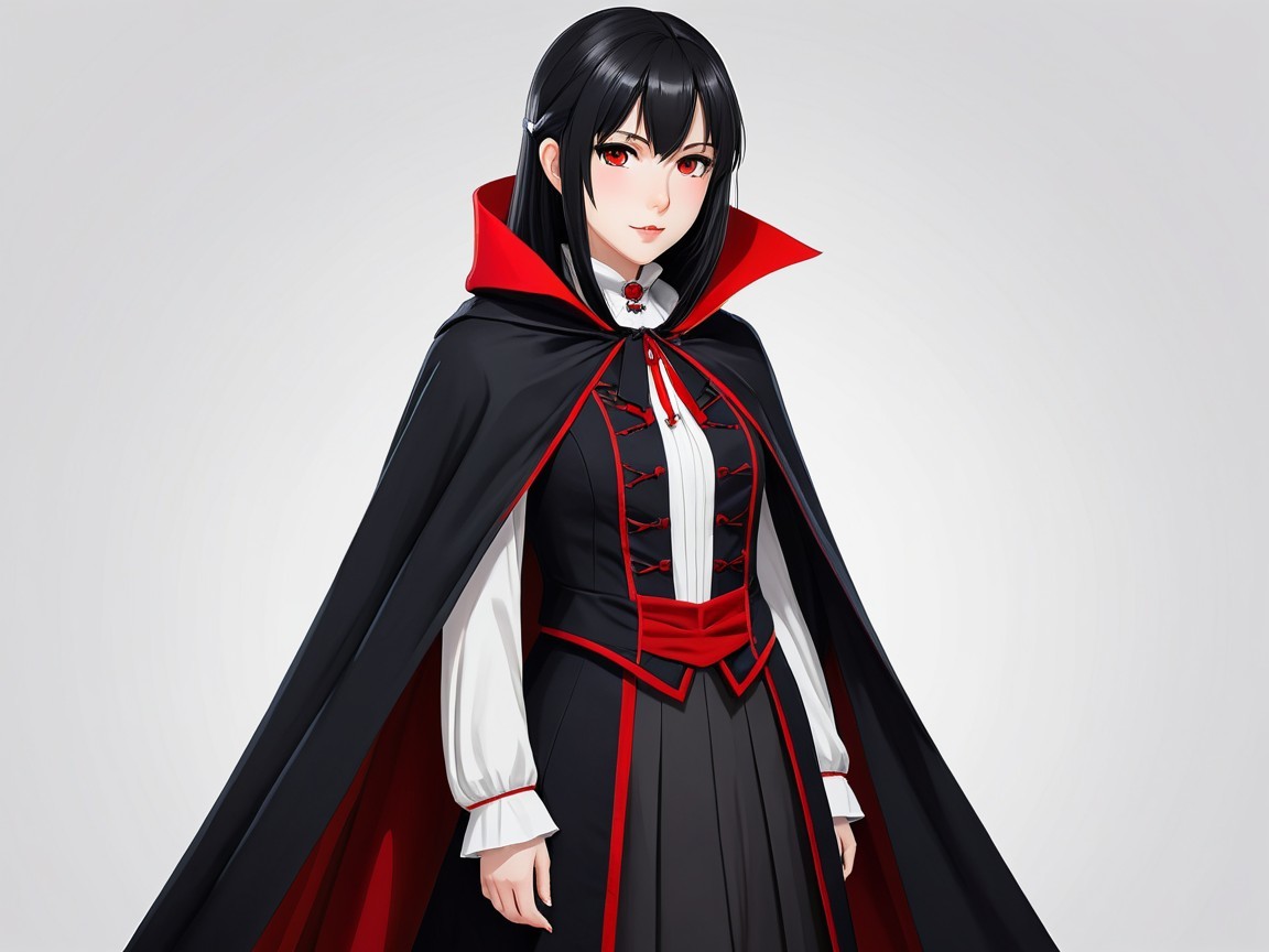 Elegant Character in Black and Red Attire with Cape