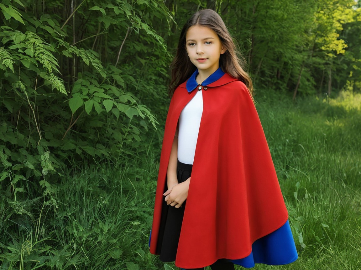 Young girl in red cape in a lush green forest