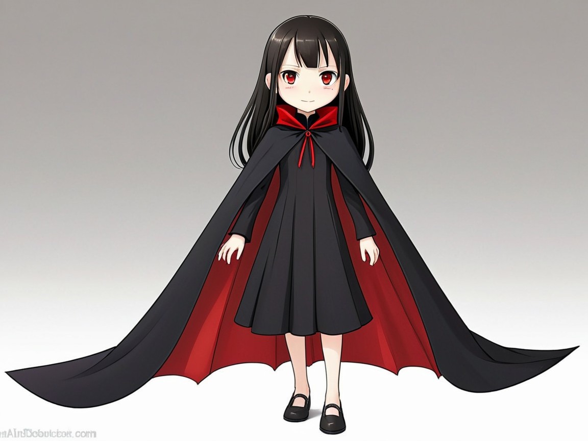 Young girl in dark vampire-inspired outfit with cape