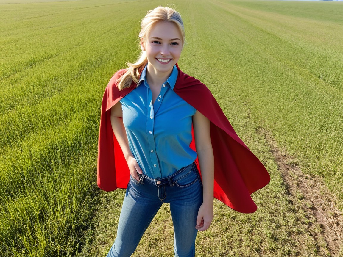 Young woman in red cape in green field setting