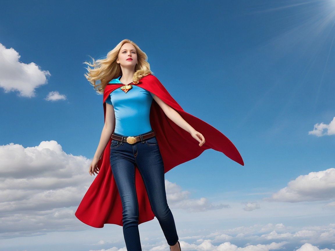 Young Woman in Red Cape Against Blue Sky