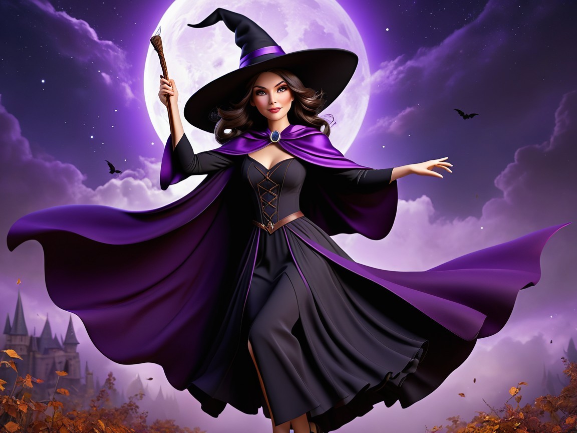 Whimsical Witch Under Full Moon with Mystical Backdrop