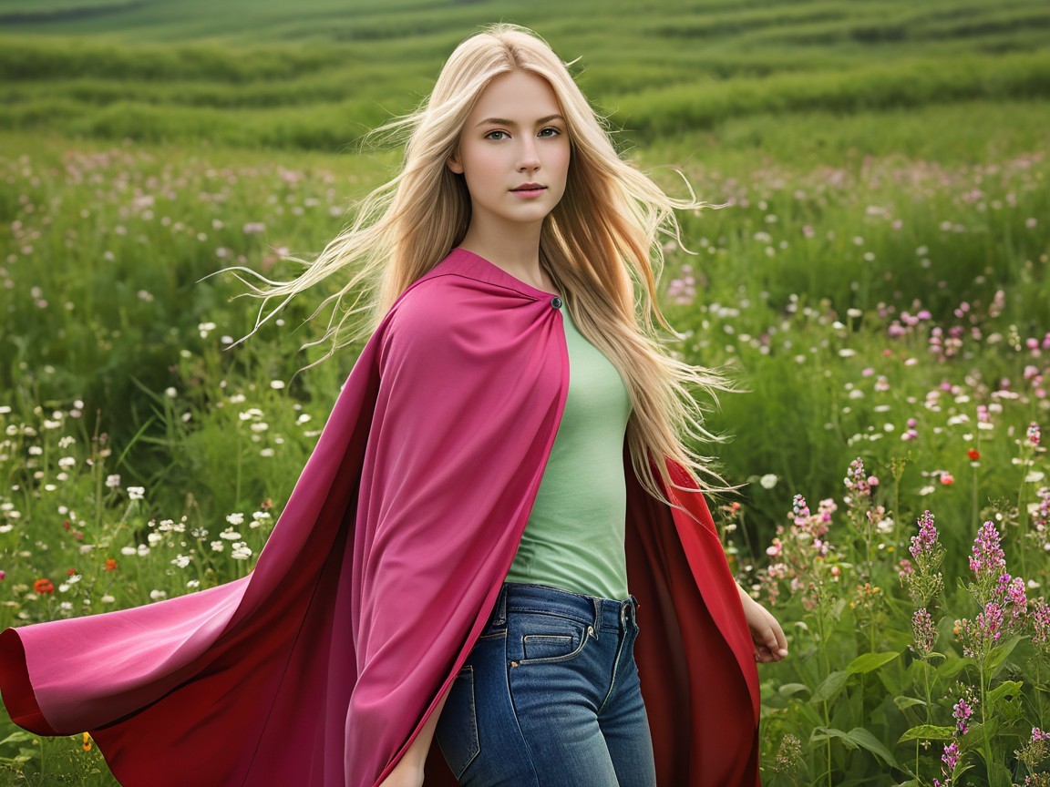 Young Woman in Vibrant Wildflower Field with Cape