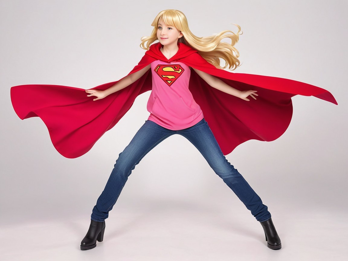 Young girl in superhero pose with cape and logo