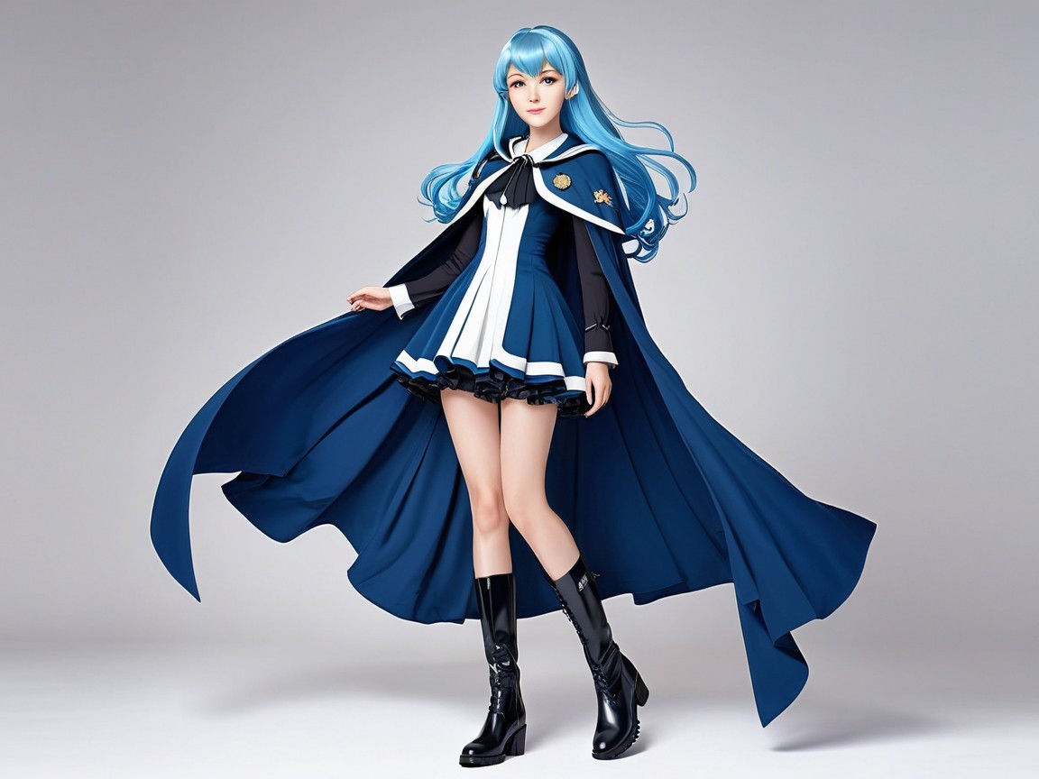 Elegant Character with Long Blue Hair and Stylish Outfit