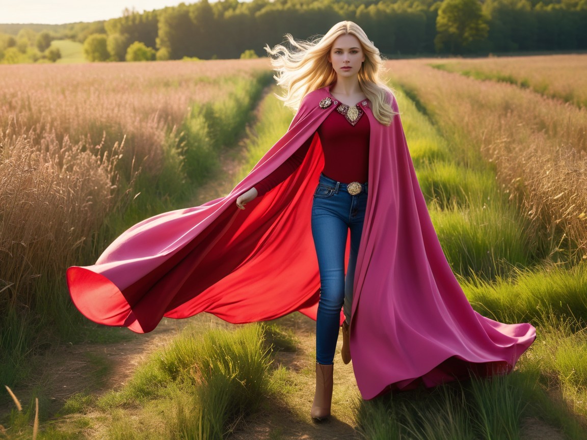 Young woman in field with pink cape and cowboy boots