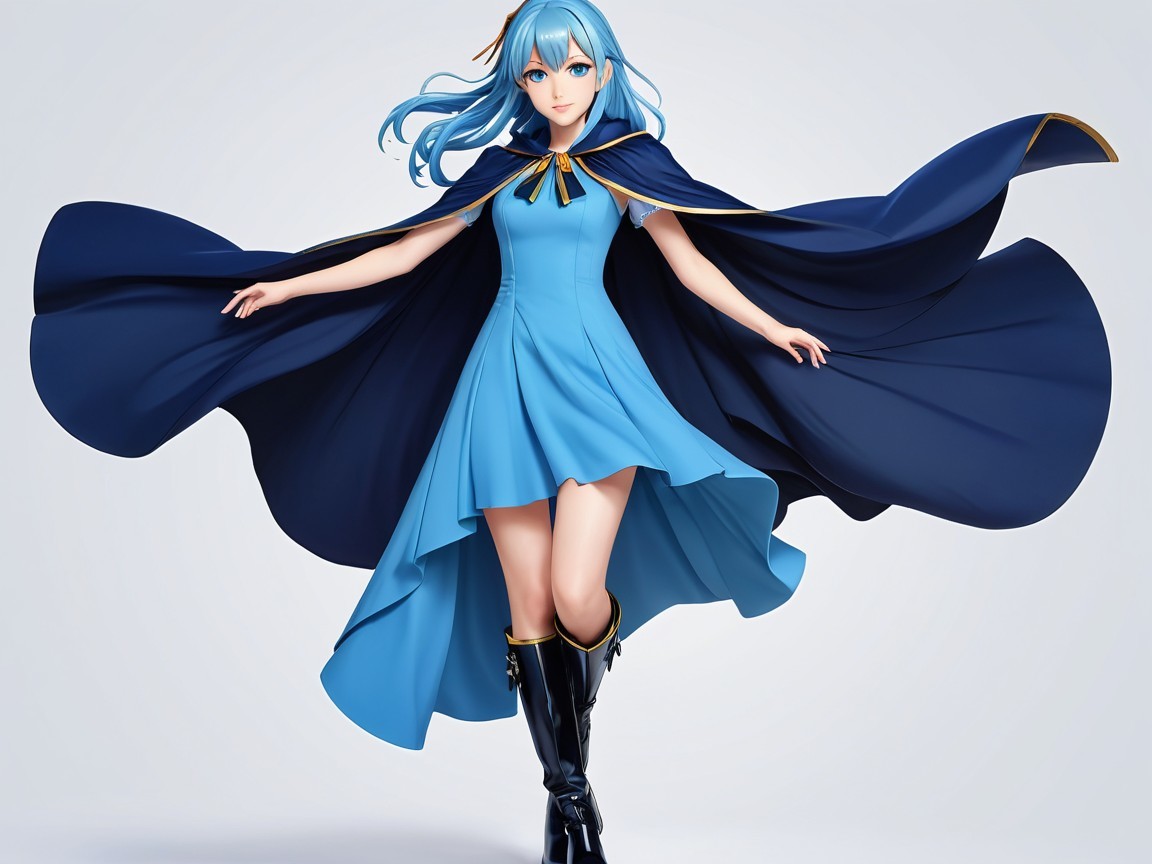 Stylized Character with Blue Hair and Dress