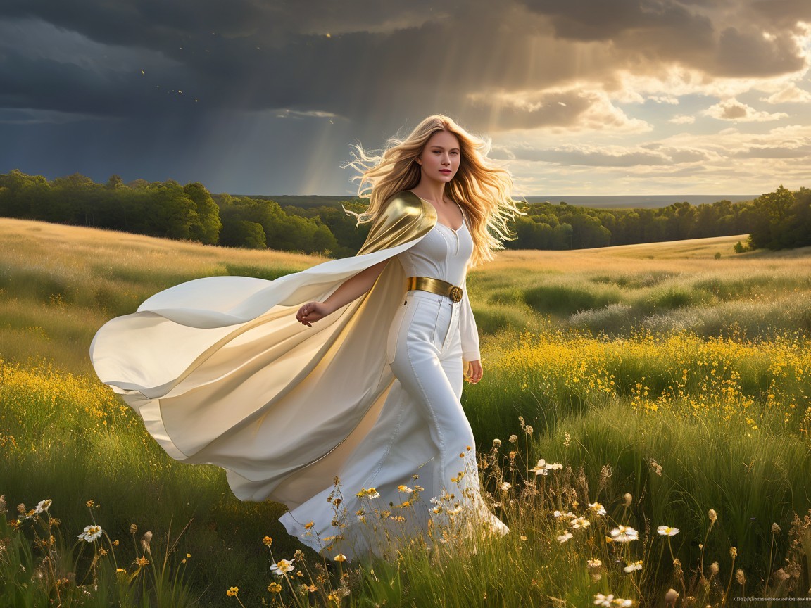 Woman in White Cape in Sunlit Wildflower Field