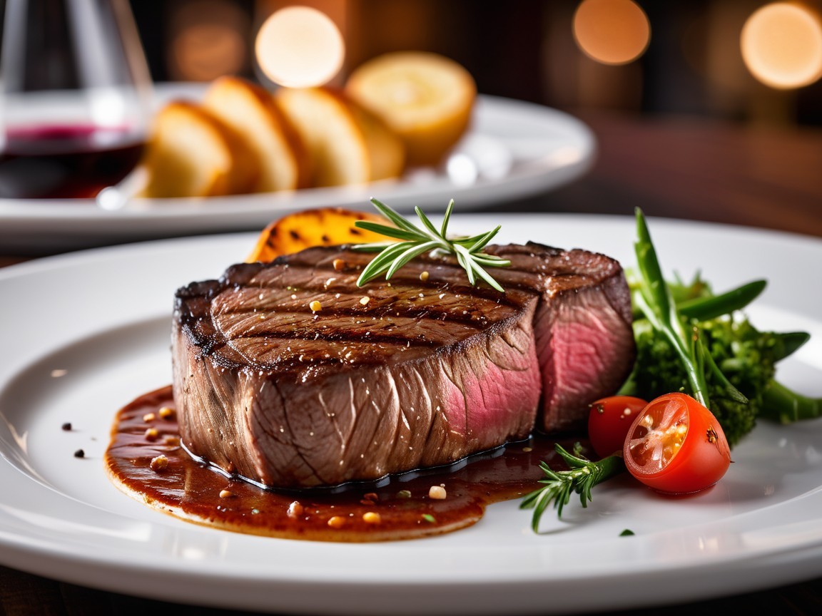 Filet Mignon with Sauce and Vegetables on White Plate