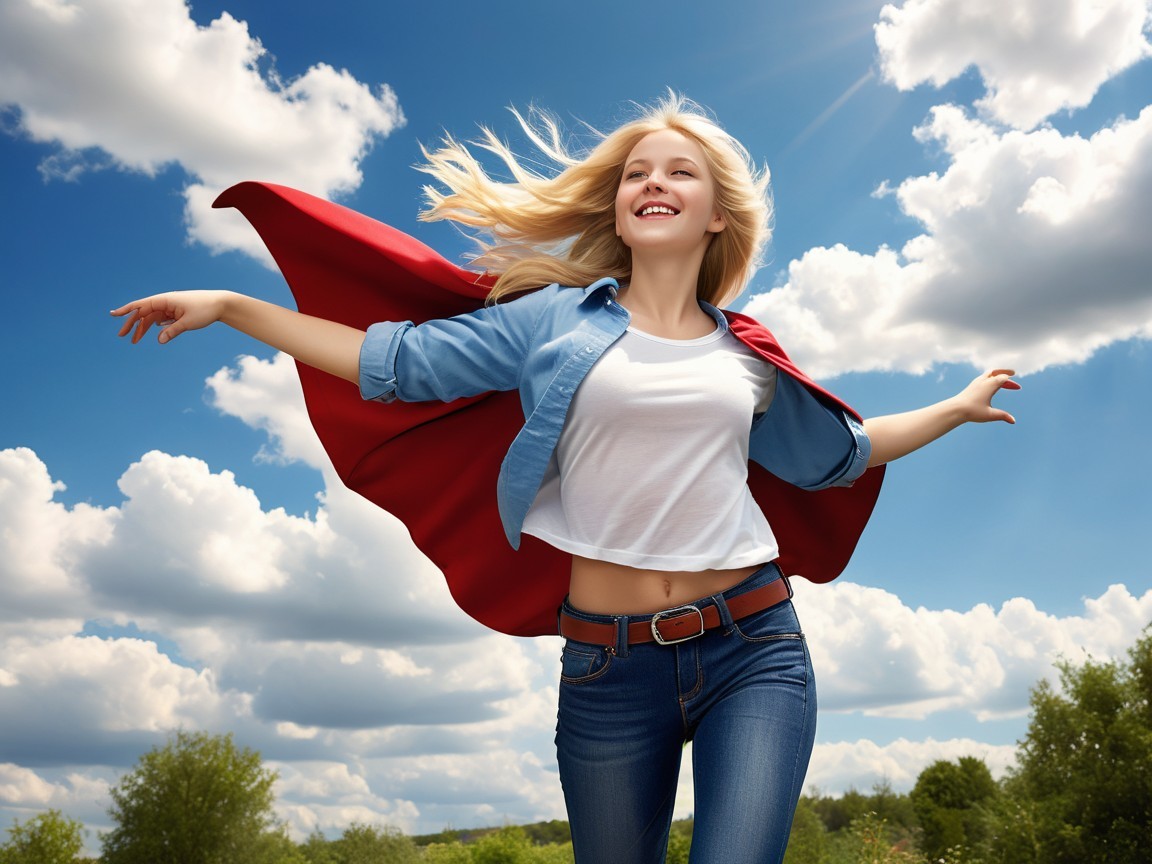 Joyful woman in red cape against blue sky